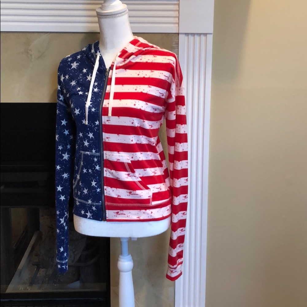 Jacket front zip up with hood, red white and blue